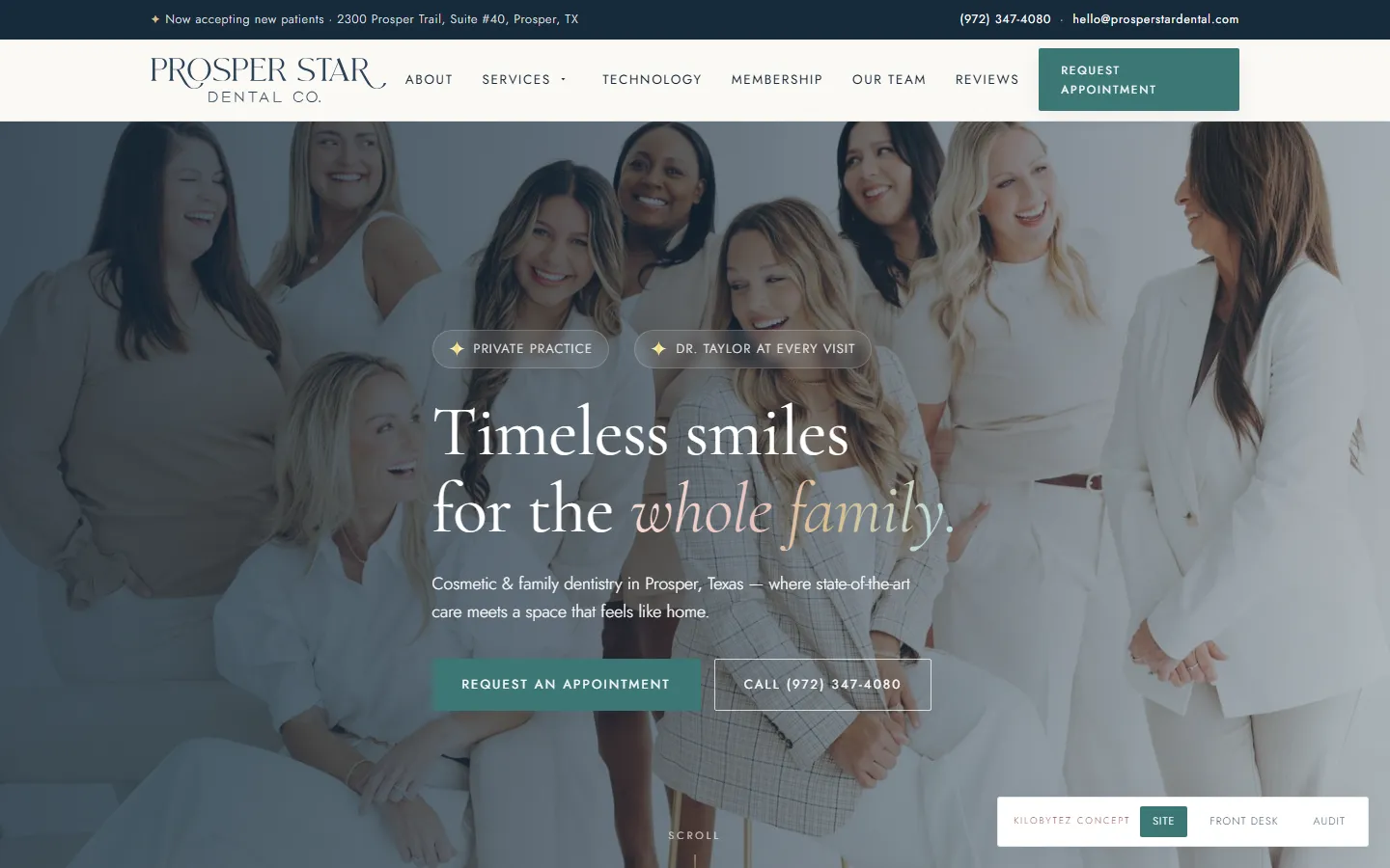 Dental practice concept: home page on a desktop screen
