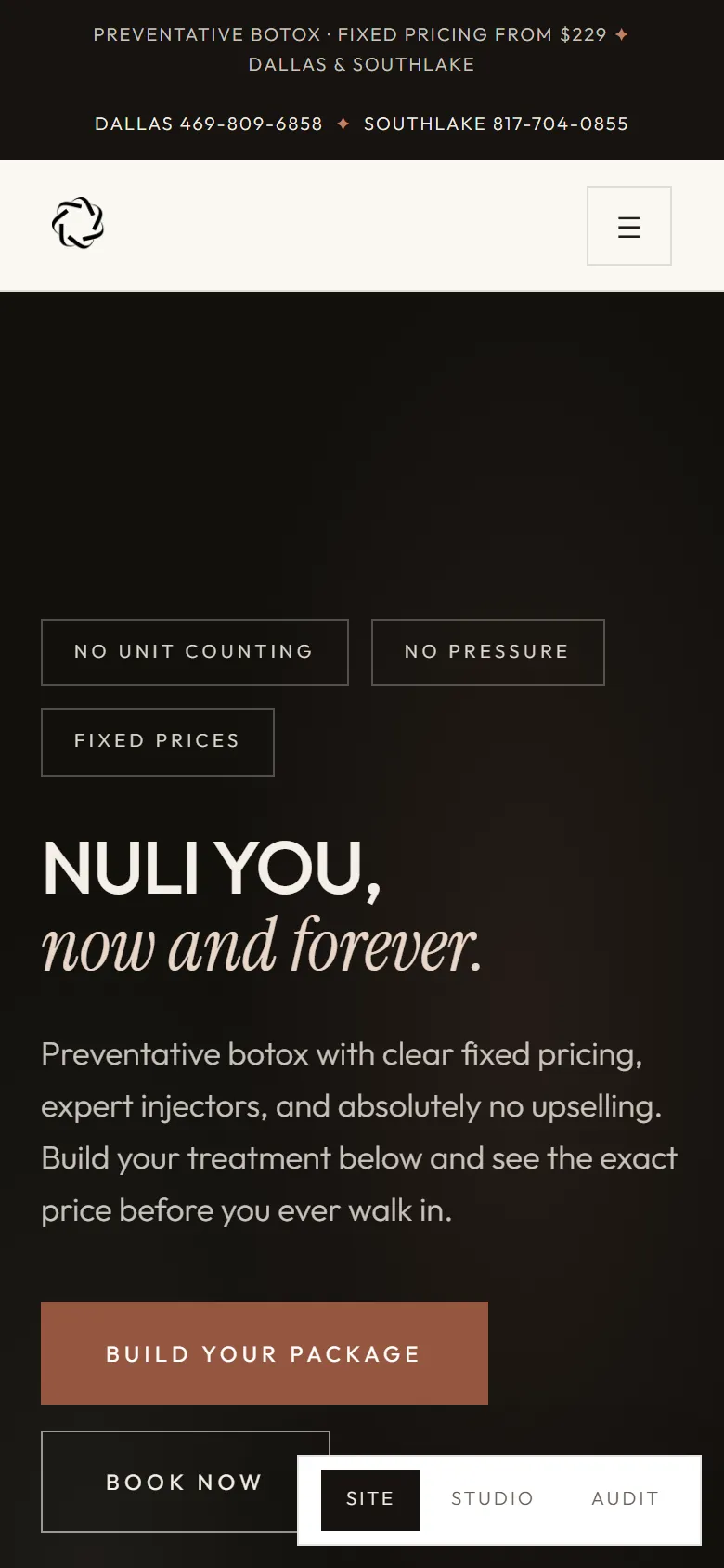 Med spa concept: home page on a phone